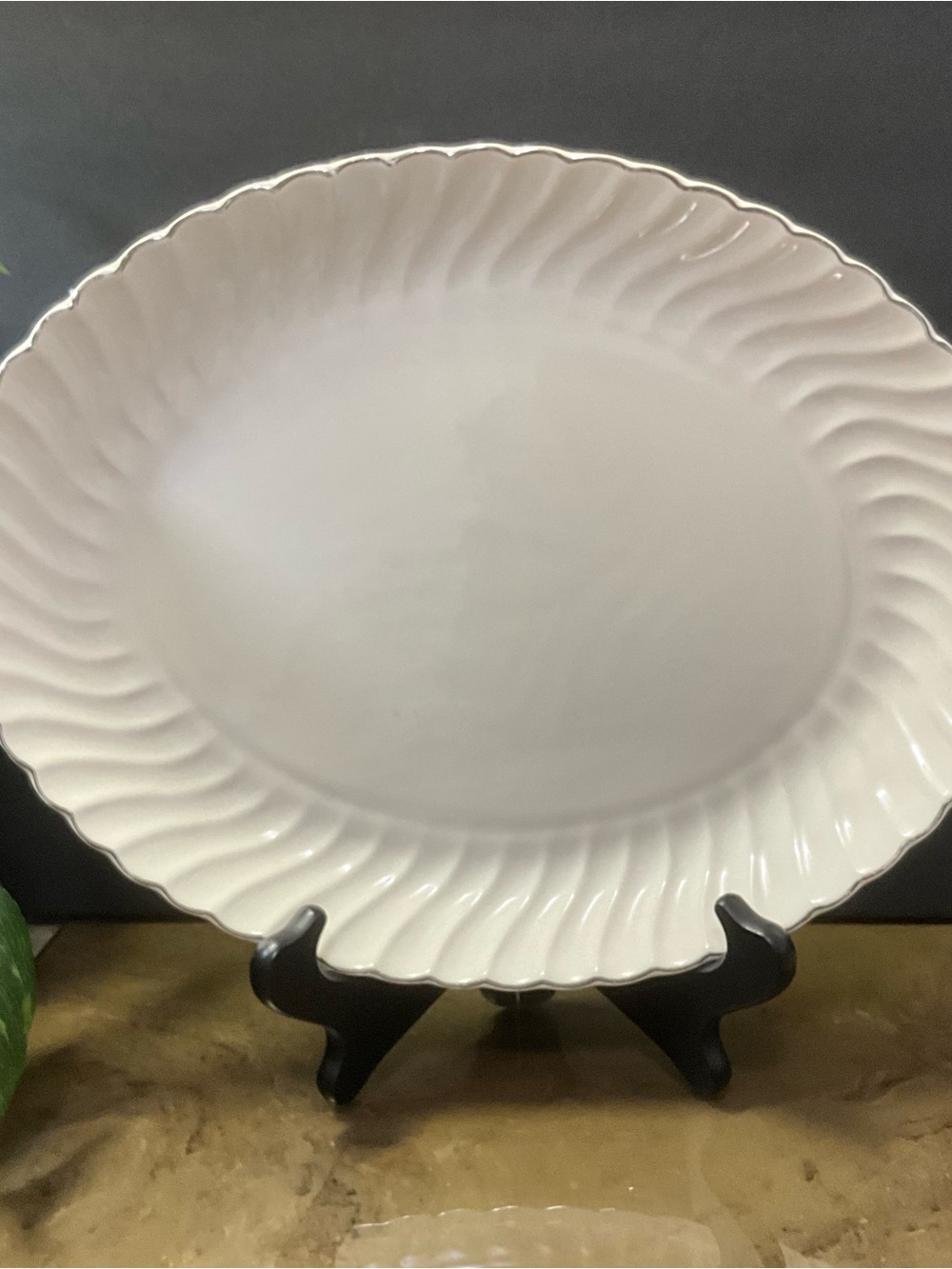 Vintage USA Pottery Scalloped Edge Silver Edge Oval Platter 13" Len 9.75" wide